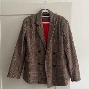 Nasty Gal Brown Plaid Blazer with Red Accents